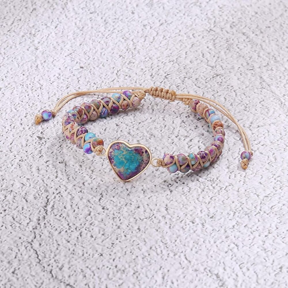 Adjustable Jasper Heart Bracelet Handmade Beaded Flex Women Gift - Picture 5 of 7